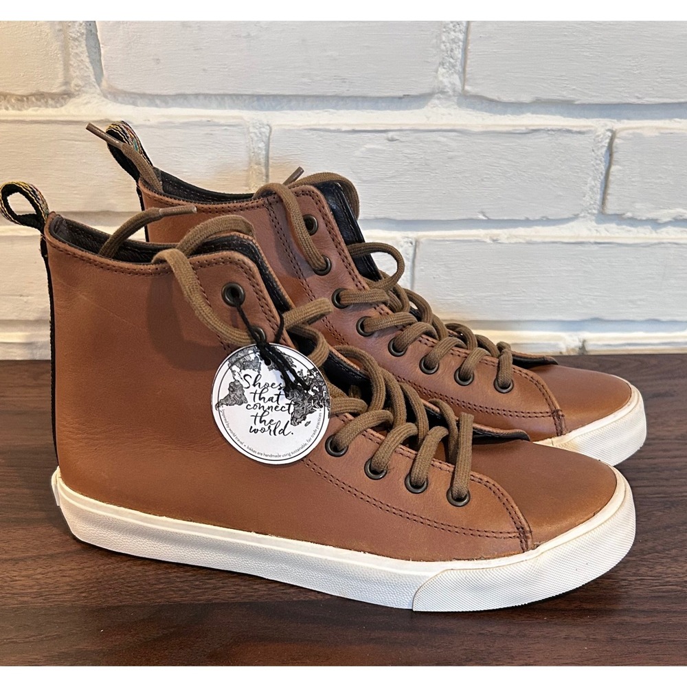 NWT Inkkas‎ Brown Leather High Top Sneakers Mens 7 Womens 9 Handmade Woven Heel